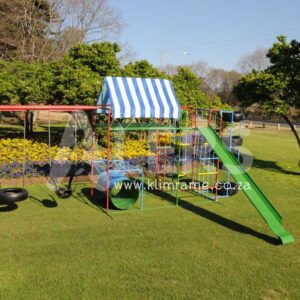 2.5 Senior Jungle Gym With Drum + 3m Steel Slide + Tyre Tunnel Attachment + Swing Attachment With 2 Tyre Swings